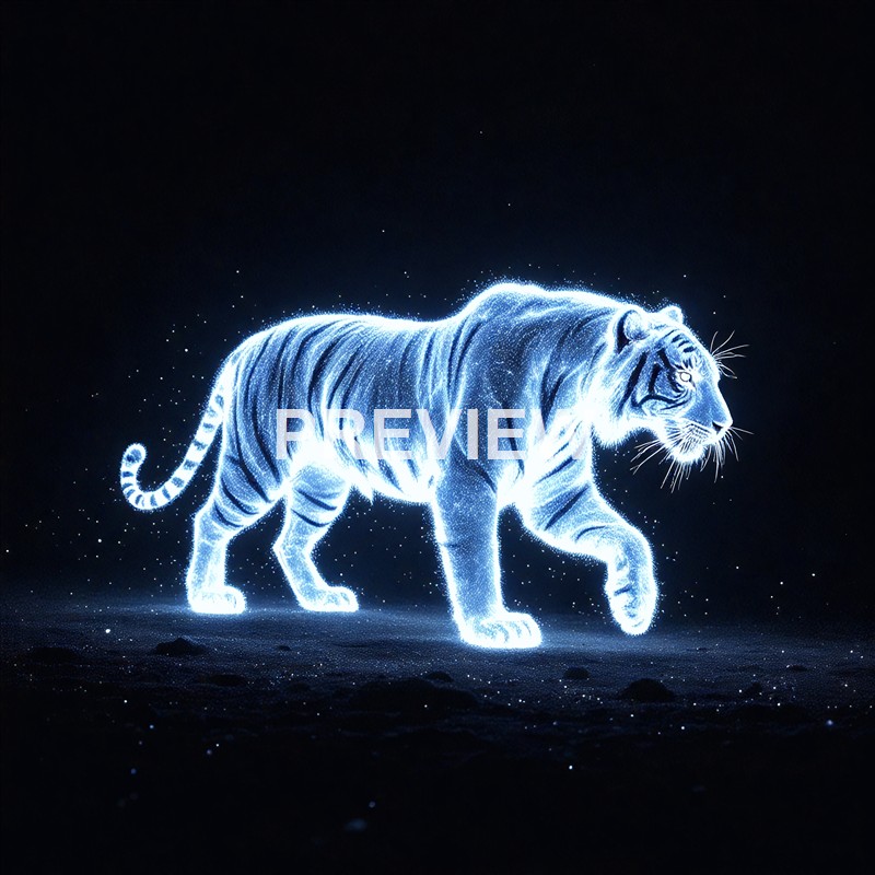 A glowing, digital rendition of a tiger walking, made up of bright, luminous particles against a dark background.